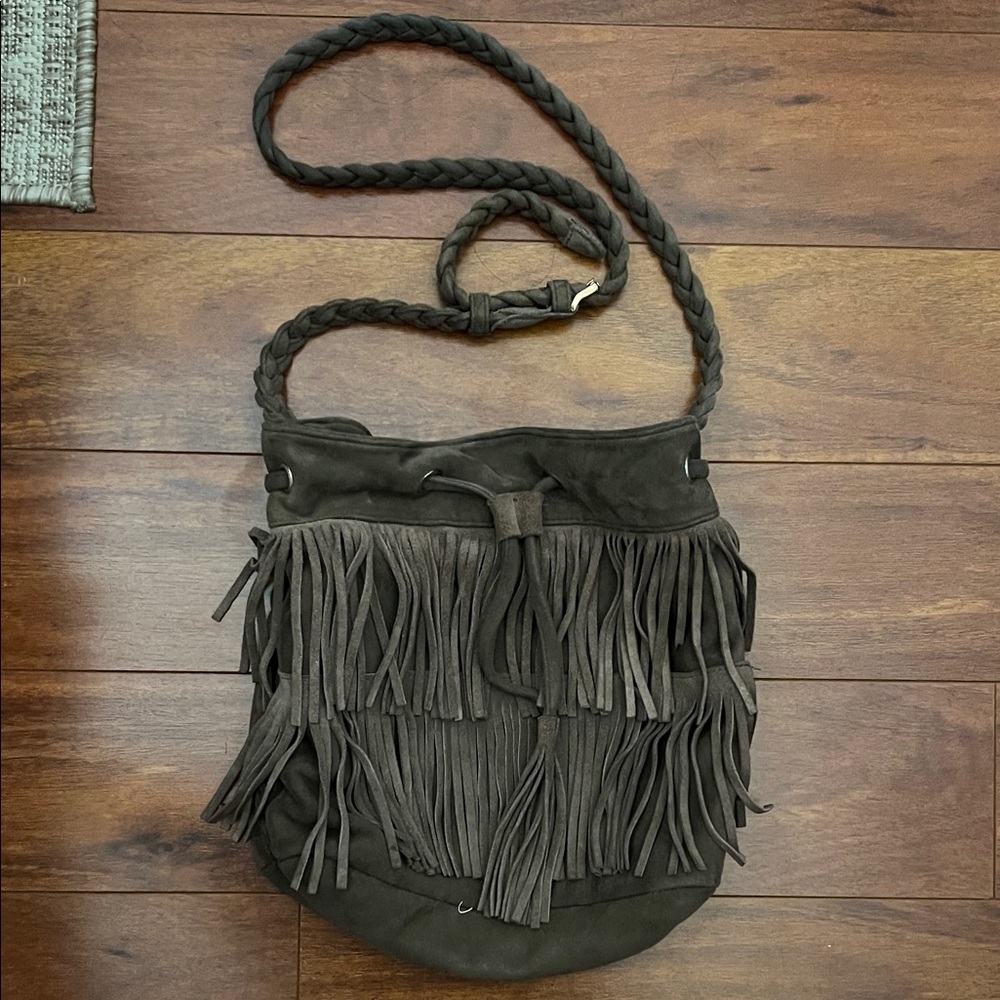 Street Level Boho Fringe Genuine Suede Crossbody Bag - Brown